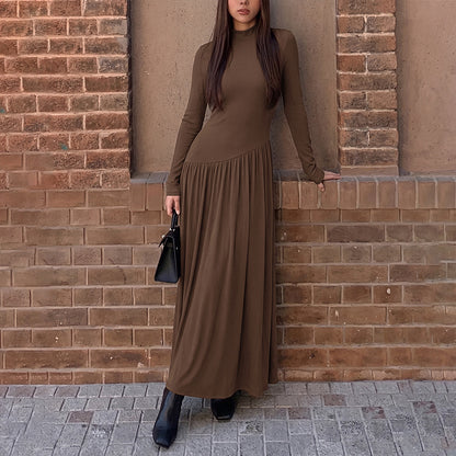 Solid Mock Neck Asymmetric Pleated Knit Maxi Dress