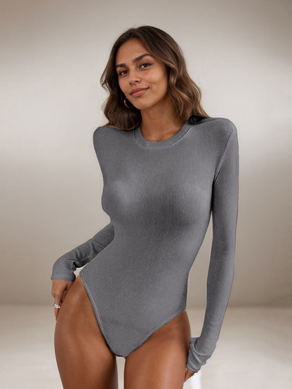 Women's Ribbed Long Sleeve Crew Neck Fitted Bodysuit
