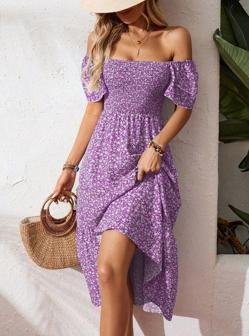 Floral Smocked Square Neck Midi Dress Ruffle Sleeve
