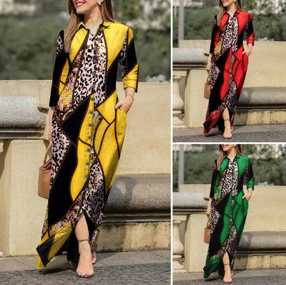 Women's Leopard Maxi Shirt Dress Long Sleeve Plus Size