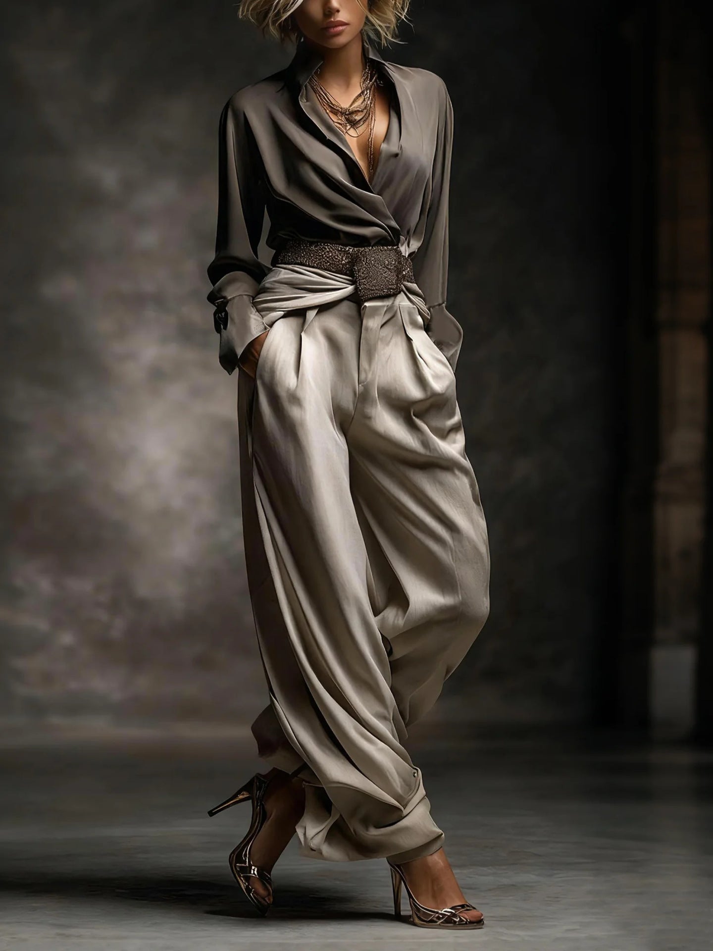 Women's Satin Belted V Neck Wide Leg Pants Two Piece Set