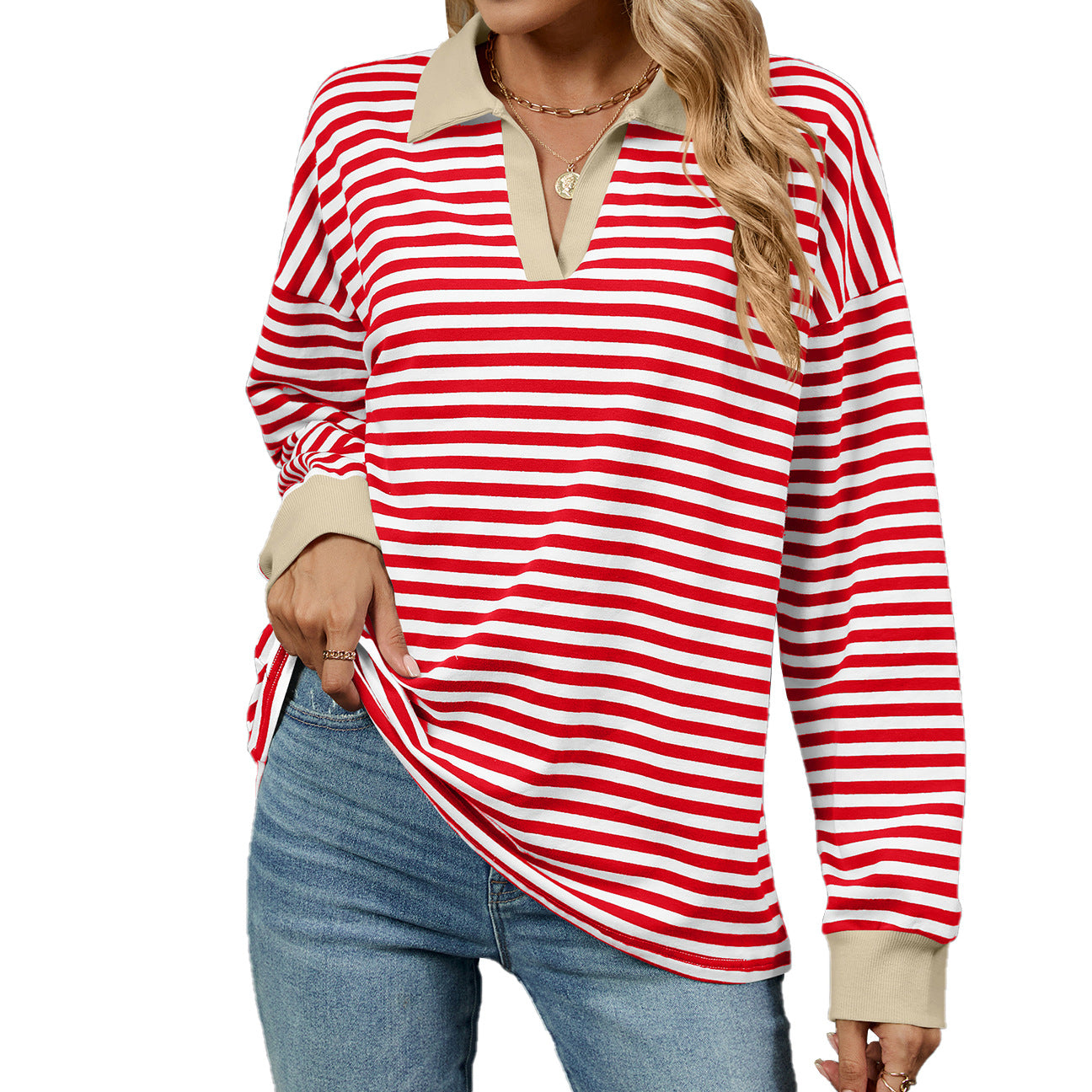 Women's Oversized Striped Collared Sweatshirt Pullover