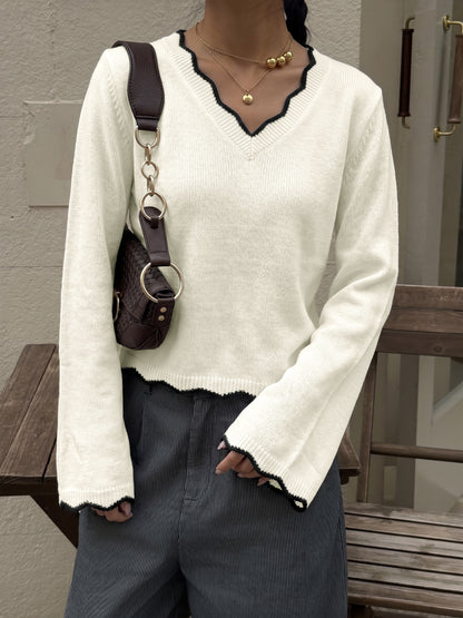 Contrast Scallop V Neck Knit Cropped Sweater