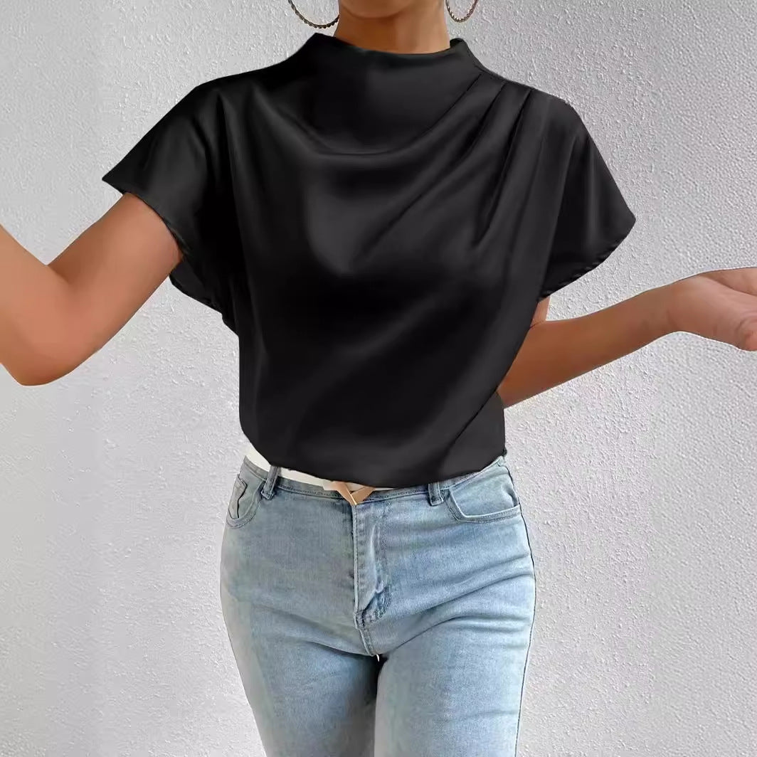 Women's Satin Mock Neck Draped Cap Sleeve Blouse
