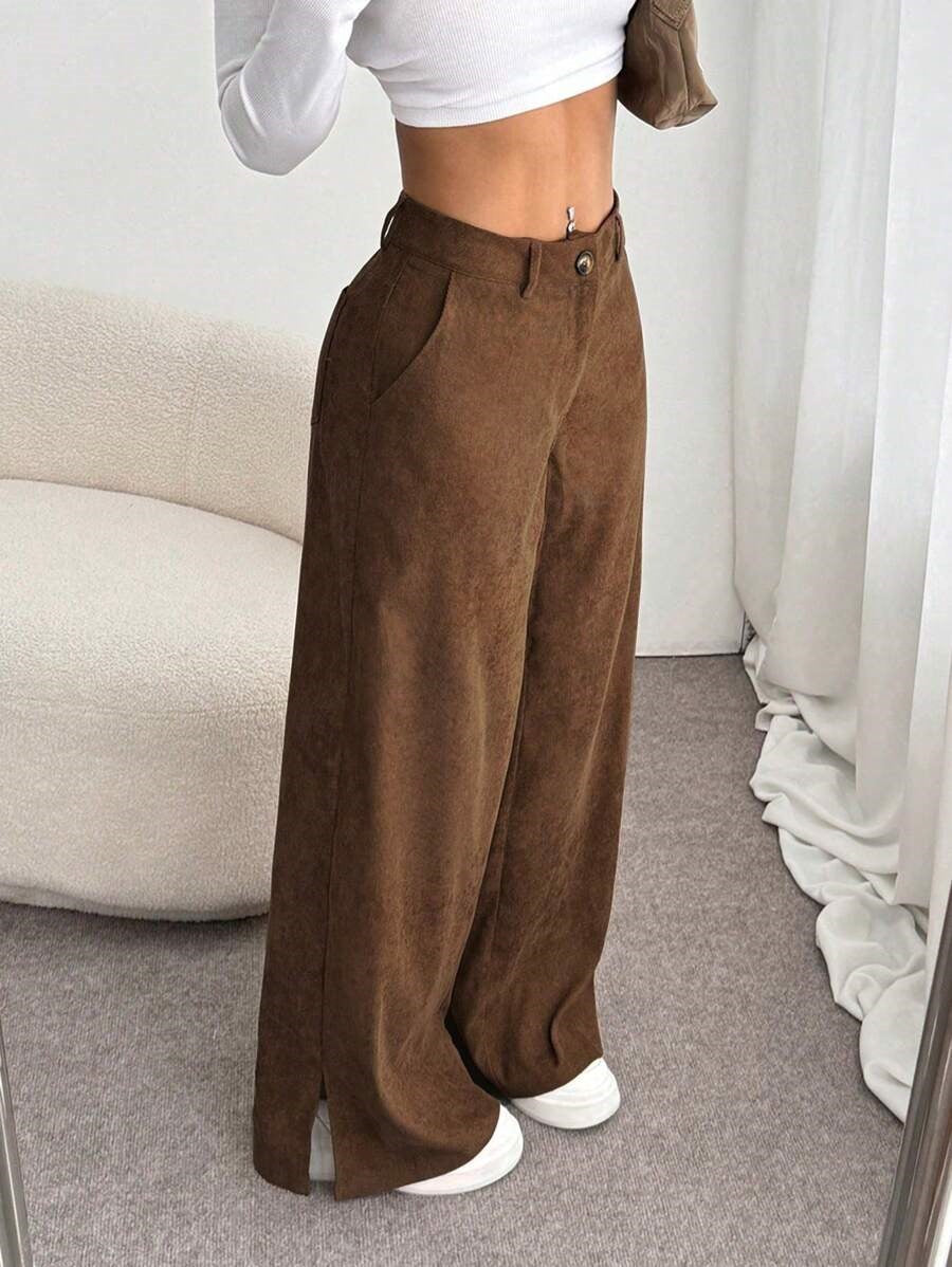 Women's Corduroy Wide Leg Pants Split Hem Pockets