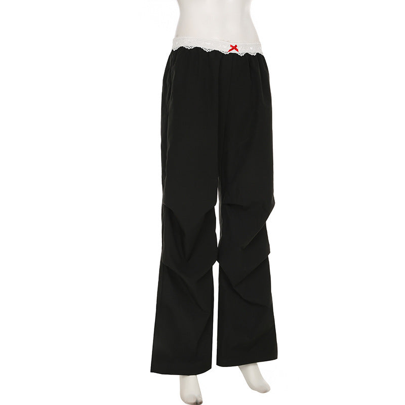 Lace Trim High Waist Baggy Cargo Pants Wide Leg
