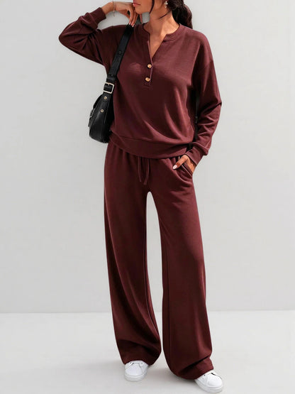Women's 2 Piece Lounge Set Henley Wide Leg Pants