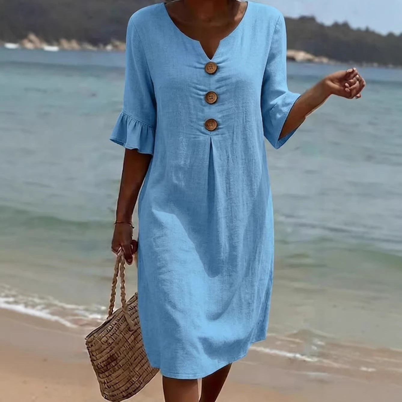 Women's Linen V-Neck Button Ruffle Sleeve Midi Dress