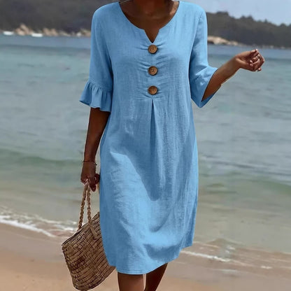 Women's Linen V-Neck Button Ruffle Sleeve Midi Dress