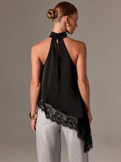 Satin Lace Trim Halter Tank Sleeveless Summer Top