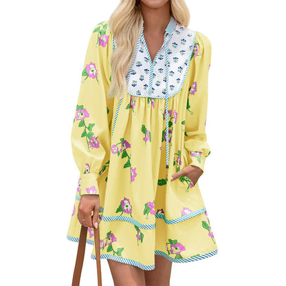 Boho Floral V-Neck Long Sleeve Flowy Mini Dress