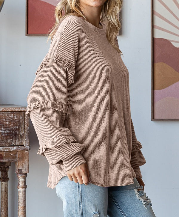 Lantern Sleeve Lace Round Neck Top