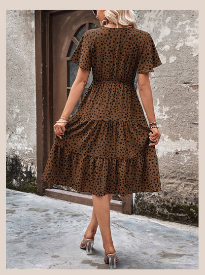 Leopard Print Tiered Midi Dress V Neck Summer Vacation Dress