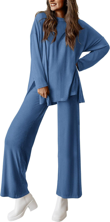 Women's Two Piece Lounge Set Long Sleeve Wide Leg Pants