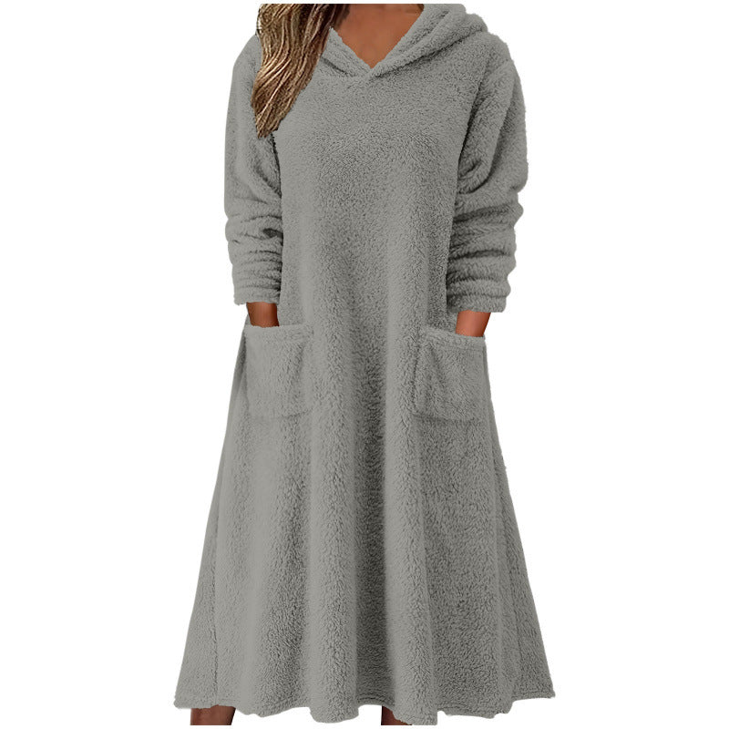 Cozy Oversized Fleece Hoodie Maxi Dress Pockets