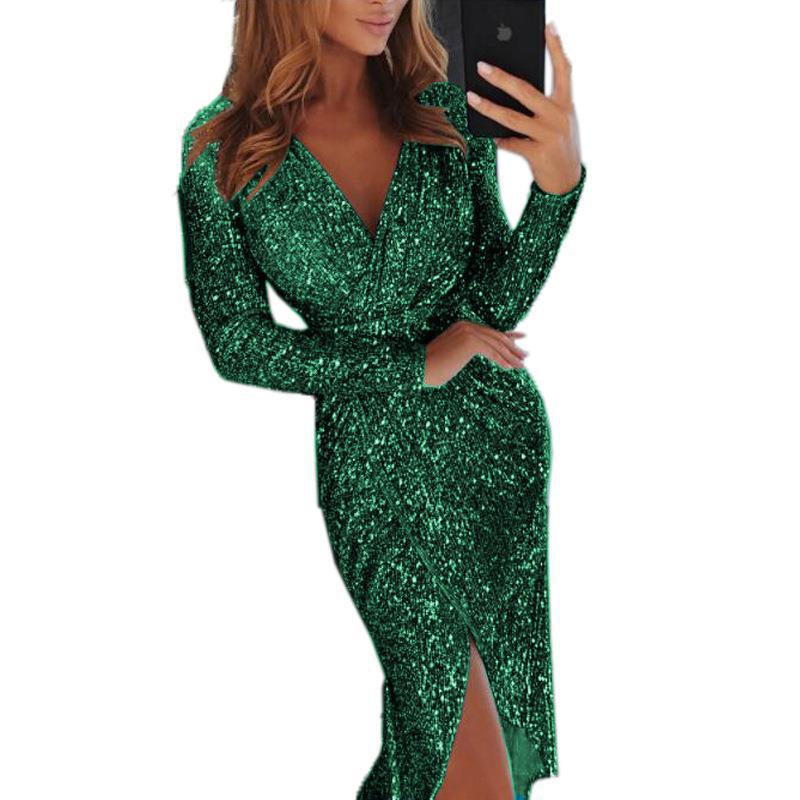 Sequin Long Sleeve V-Neck Bodycon Slit Midi Cocktail Dress