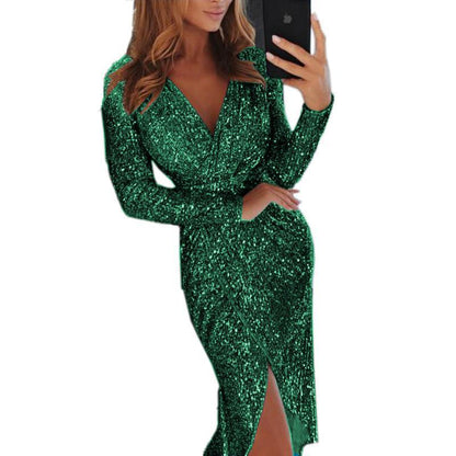 Sequin Long Sleeve V-Neck Bodycon Slit Midi Cocktail Dress