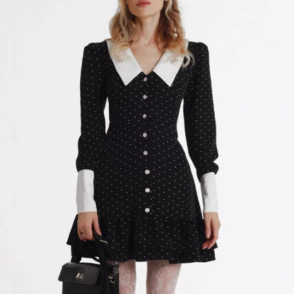 Polka Dot Contrast Collar Button Front A-Line Mini Dress