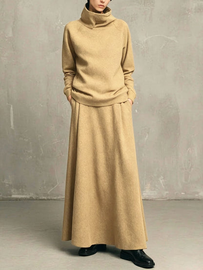 Womens Fleece Turtleneck Sweatshirt Maxi Skirt Set