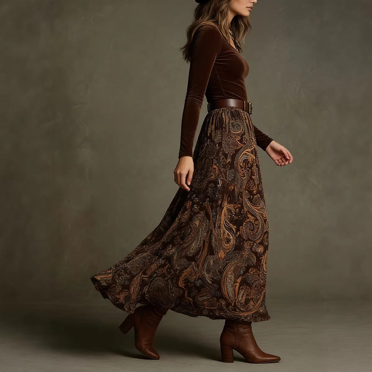 Boho Floral Maxi Skirt Two Piece Set with Belt