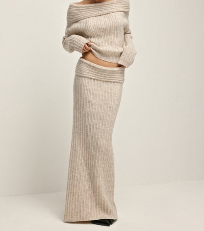 Off Shoulder Knit Sweater & Maxi Skirt Two Piece Set