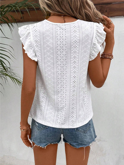 White Eyelet Lace Ruffle Sleeve Summer Blouse Women