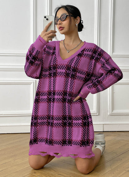 Women's Contrasting Color Splicing Plaid Dress V-neck Long Sleeve