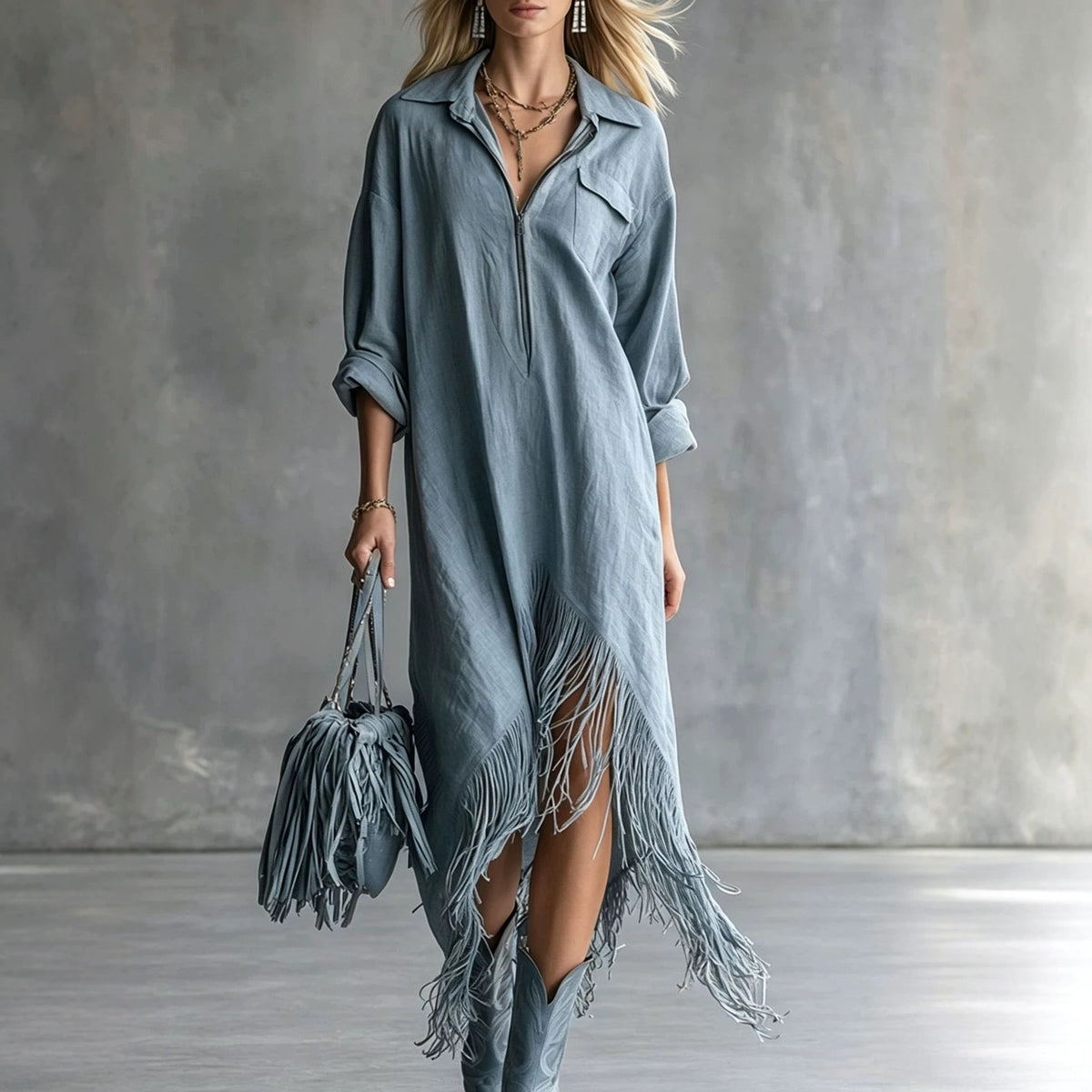 Women's Western Fringe Shirt Dress Asymmetrical Midi Boho