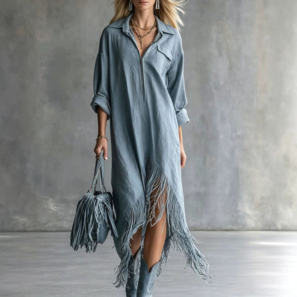 Women's Western Fringe Shirt Dress Asymmetrical Midi Boho