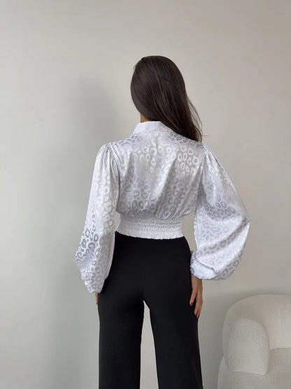 Women's Leopard Jacquard V-Neck Balloon Sleeve Blouse