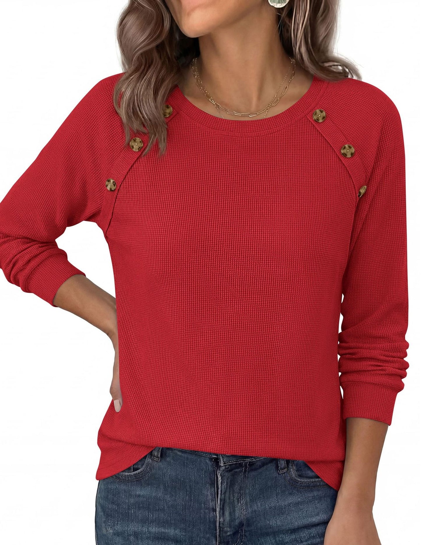 Waffle Knit Button Henley Top Crew Neck Long Sleeve Tee