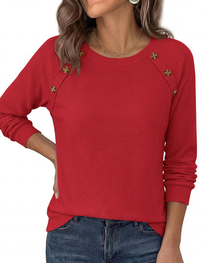 Waffle Knit Button Henley Top Crew Neck Long Sleeve Tee