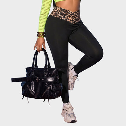 High Waist Leopard Panel Crossover Stretch Leggings