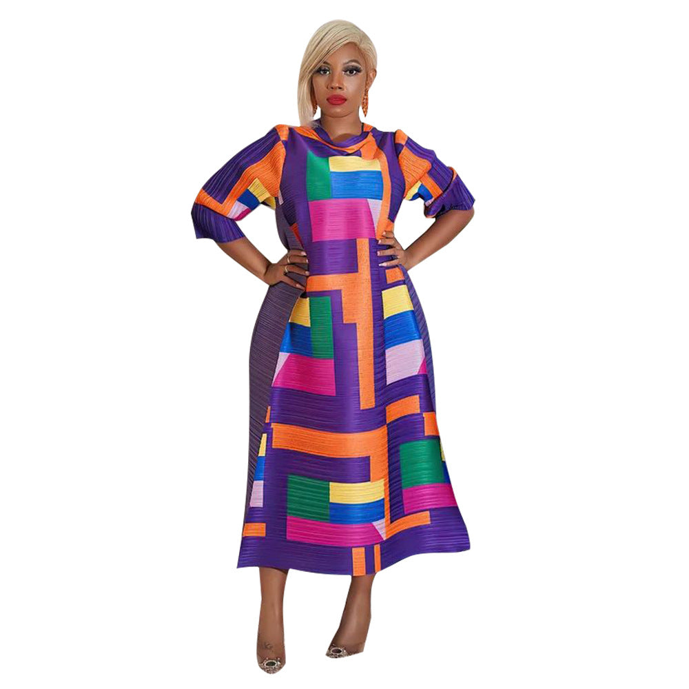 Women's Geometric Pleated Maxi Dress 3/4 Sleeve Colorful