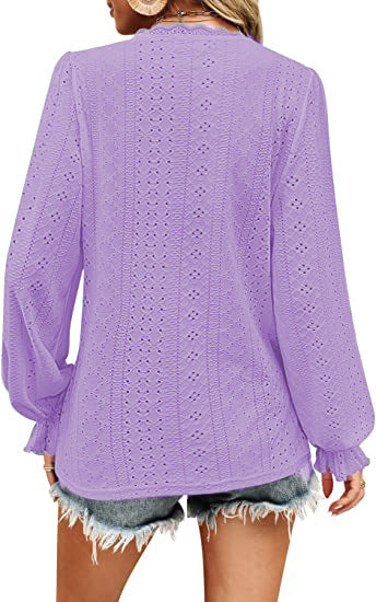 Women's V Neck Lace Long Sleeve Blouse Tunic Top