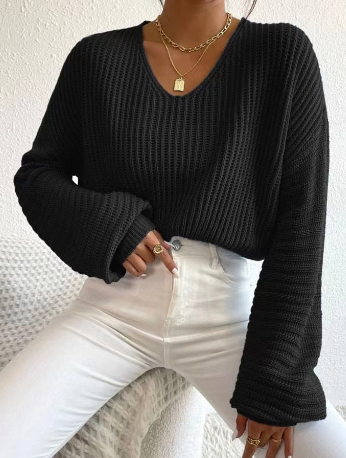 V-Neck Balloon Sleeve Oversized Knit Pullover Sweater
