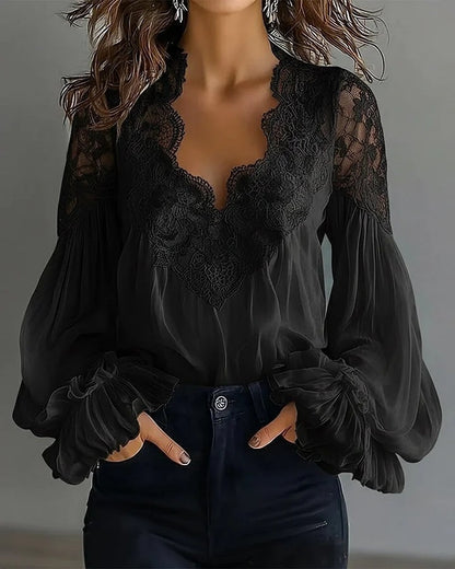 Embroidered Lace V Neck Balloon Sleeve Blouse