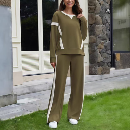 Color Block Sweatshirt Wide Leg Pants Two Piece Set