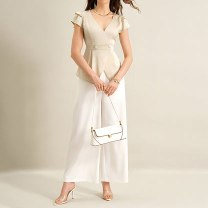 Women's Satin Wrap V-Neck Ruffle Sleeve Peplum Blouse