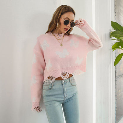 Women's Y2K Butterfly Distressed Oversized Crop Sweater