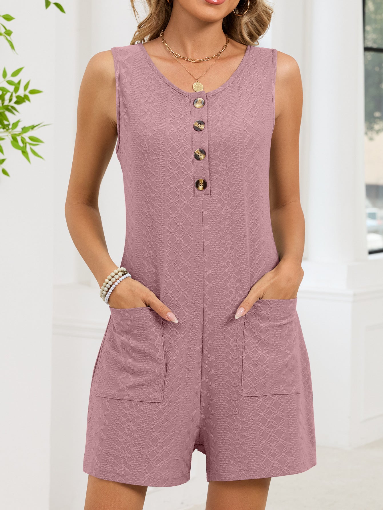 Textured Button Tank Romper Sleeveless Pocket Lounge Set