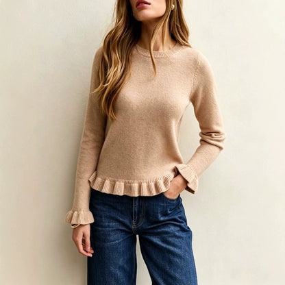 Ruffle Hem Knit Sweater Crew Neck Long Sleeve Top