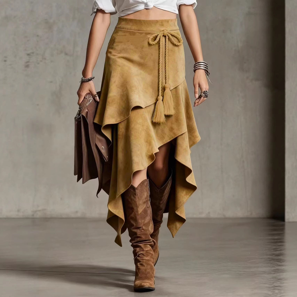 Western Faux Suede Asymmetrical Midi Skirt