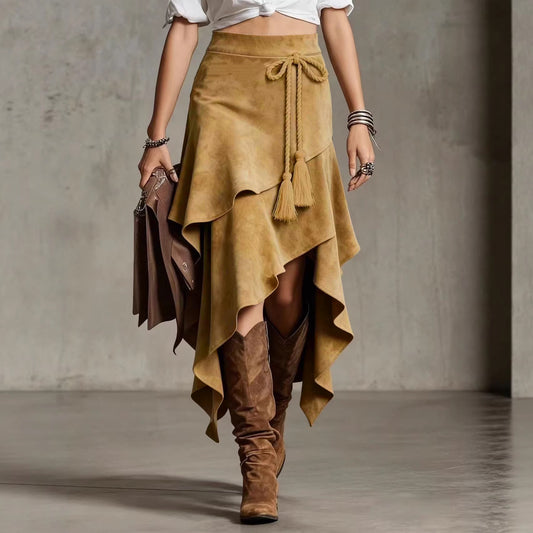 Western Faux Suede Asymmetrical Midi Skirt