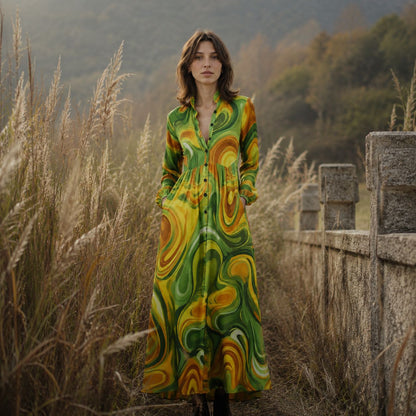 Vintage Floral Maxi Dress Lantern Sleeve Button Down Boho