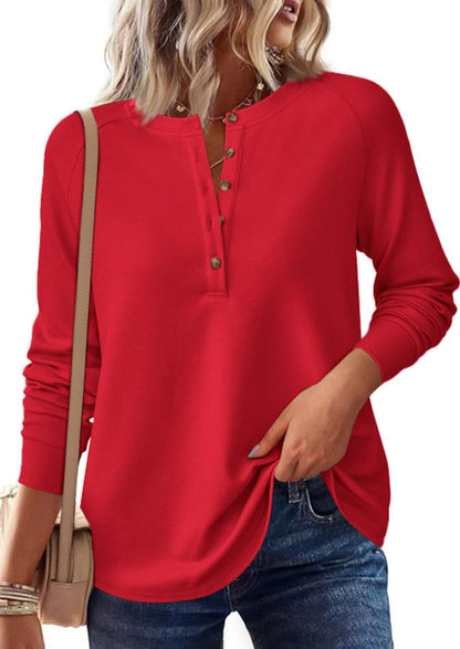 Waffle Knit Henley Top Button V Neck Long Sleeve Tee