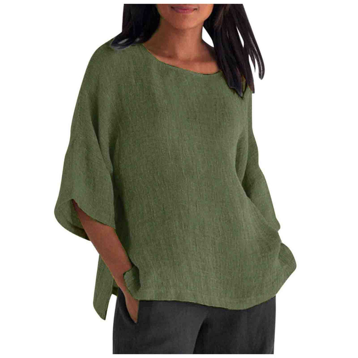 Women's Linen Top Oversized 3/4 Sleeve Round Neck 25 Colors