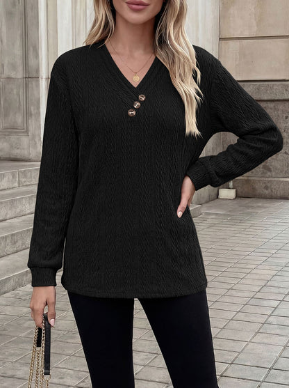 Women's V Neck Button Long Sleeve Textured Casual Blouse