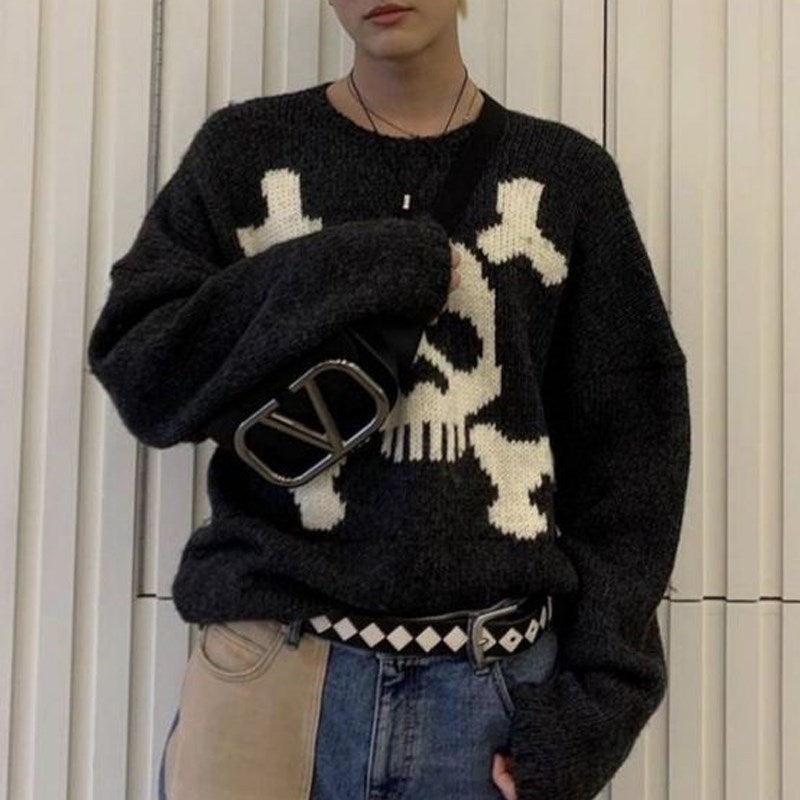 Oversized Skull Sweater Black Gothic Streetwear Knit