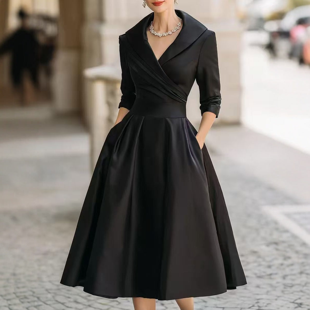 Women's Vintage Fit and Flare Blazer Midi Dress Long Sleeve
